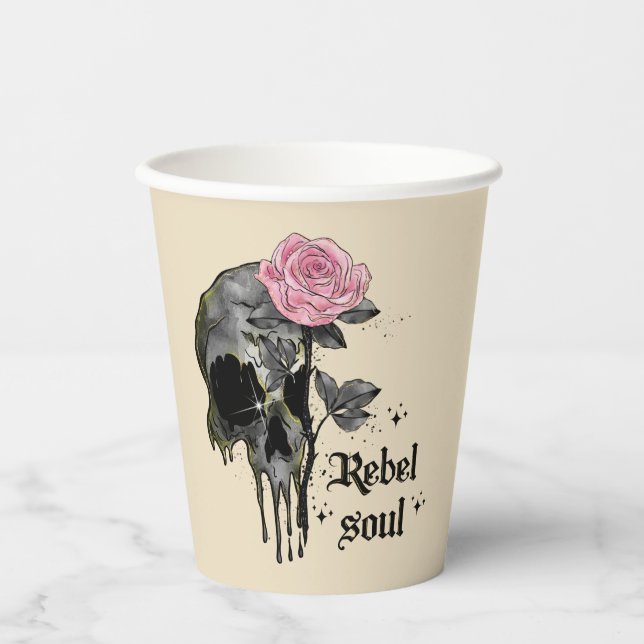 Rebel Soul - Gothic Skull with Pink Rose Paper Cups (Front)