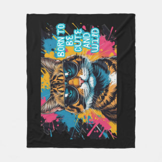 Rebel striped cat with glasses and urban style fleece blanket