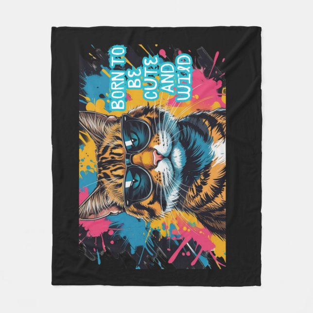 Rebel Tigrad Cat With Mob-Style and Urban Glasses Fleece Blanket (Front)