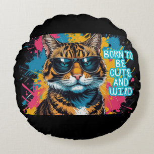 Rebel Tigrad Cat With Mob-Style and Urban Glasses Round Cushion