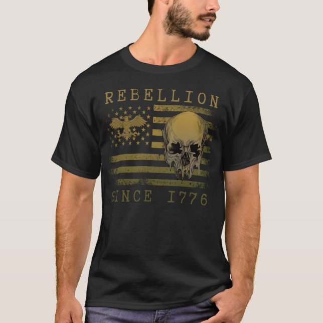 Rebellion 1776 American Flag Skull Design T-Shirt (Front)