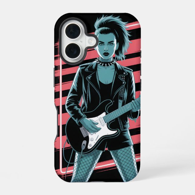 Rebellious Rock Star: Female Guitarist in Leather  iPhone 16 Case (Back)