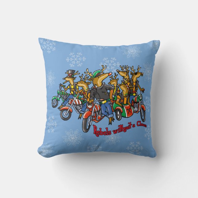 Rebels without a Claus Reindeer Blue Holiday Cushion (Front)