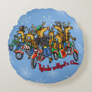 Rebels without a Claus Reindeer Blue Holiday Round Cushion