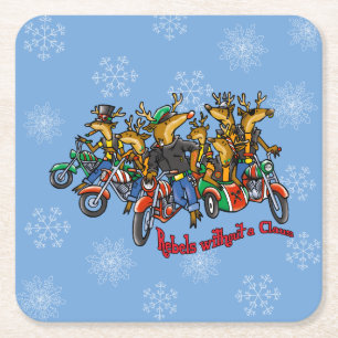 Rebels without a Claus Reindeer Blue Holiday Square Paper Coaster