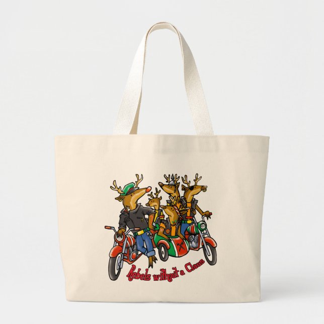 Rebels without a Claus Reindeer Holiday Cartoon Large Tote Bag (Front)