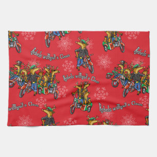 Rebels without a Claus Reindeer Red Holiday Tea Towel