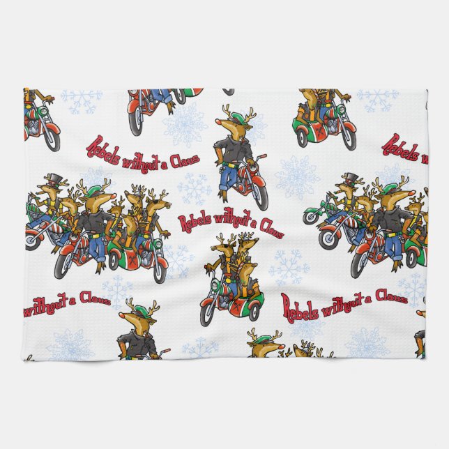 Rebels without a Claus Reindeer Silver Holiday Tea Towel (Horizontal)