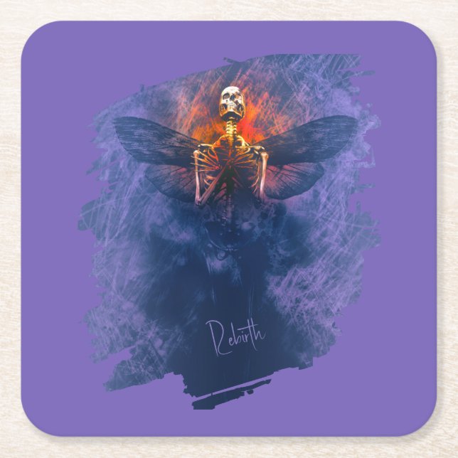 Rebirth. Skeleton with wings rising up Square Paper Coaster (Front)