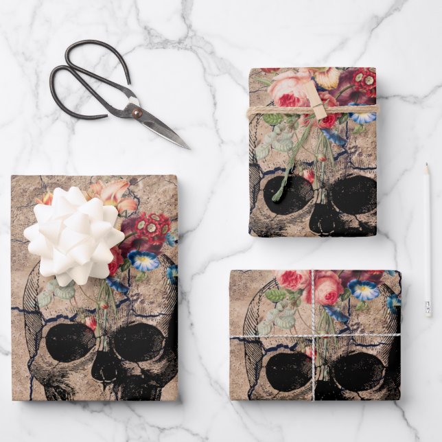 Rebirth - Skulls Blossoming from Dust Wrapping Paper Sheet (Front)