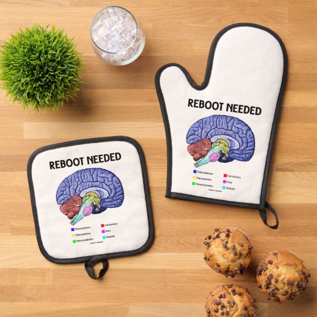 Reboot Needed Brain Anatomy Geek Humour Oven Mitt & Pot Holder Set (Top Down)