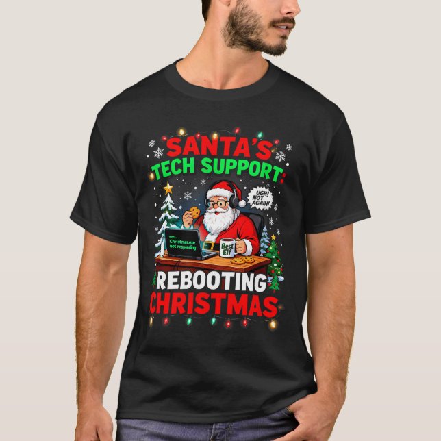 Rebooting Funny Santa's Tech Suprt Christmas Compu T-Shirt (Front)