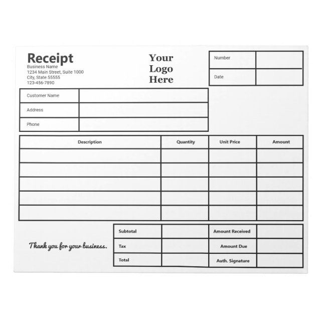 Receipt Black and White Business Logo Template Notepad (Front)