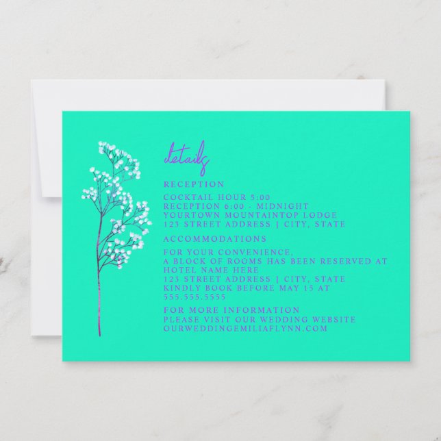 Reception Accommodation Neon Blue Wedding Details Invitation (Front)