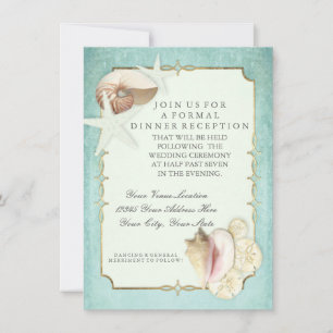 Reception Beach Seashore Shells Ocean Faux Gold Invitation