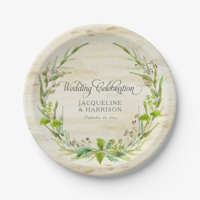 Reception BOHO Wreath Leaf Birch Wood Rustic Fall Paper Plate (Front)