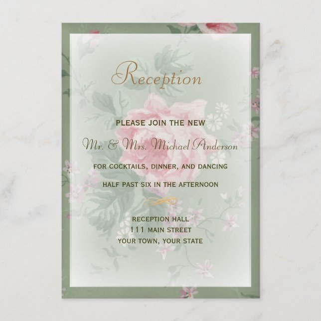 Reception Card for Green and Pink Rose Wedding (Front)