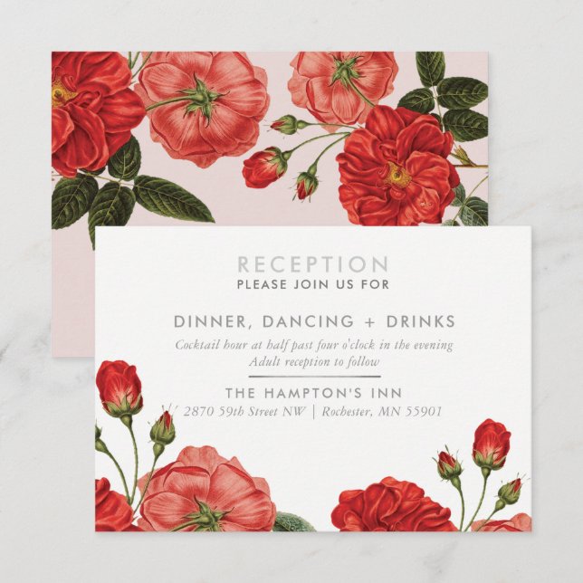 RECEPTION CARD vintage red roses floral bouquet (Front/Back)