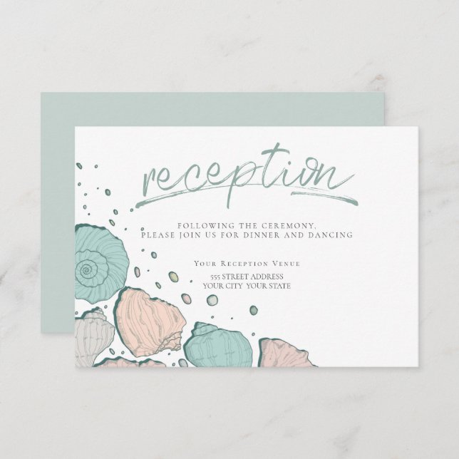 RECEPTION | Casual Seashells in Coral and Teal Invitation (Front/Back)