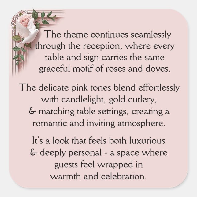 Reception Ceremony -  Pink Roses & Doves Square Sticker (Front)