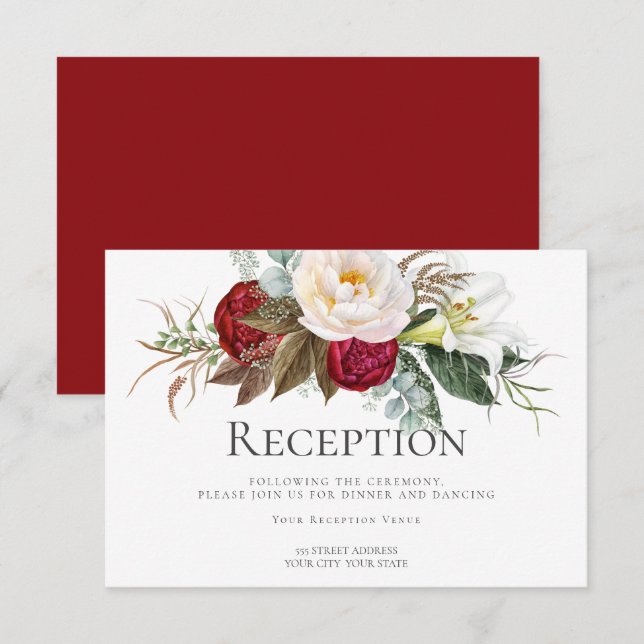 Reception | Crimson Red Ivory Peony Flowers Invitation (Front/Back)