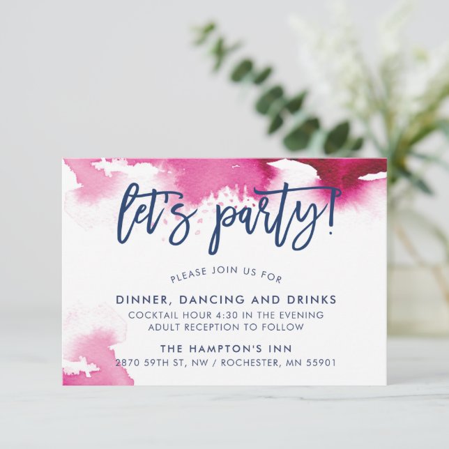 RECEPTION cute hand lettered dark pink watercolor Invitation (Standing Front)