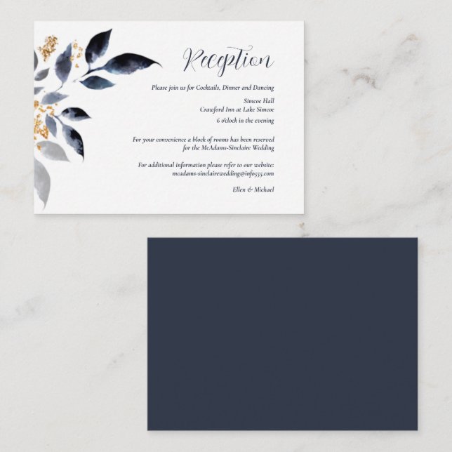 Reception Details Blue Leaves with Gold Wedding Enclosure Card (Front/Back)