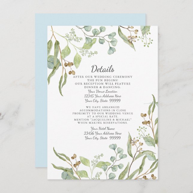 Reception Details Rustic Eucalyptus Foliage Blue Invitation (Front/Back)
