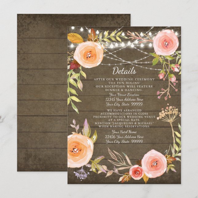 Reception Details Rustic Lights Wood Floral Wreath Invitation (Front/Back)