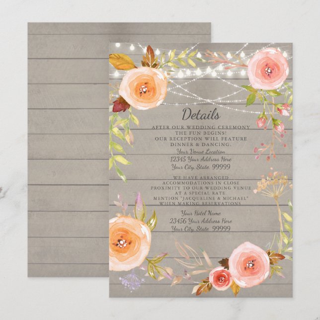 Reception Details Rustic Twinkle Light Floral Wood Invitation (Front/Back)