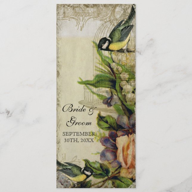 Reception Dinner Menu Yellow Song Bird Cage Floral (Front)