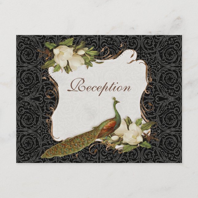 Reception Invite Vintage Peacock & Magnolia Swirl (Front)