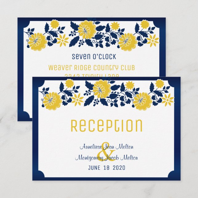 Reception - Navy Blue and Yellow Floral Wedding Invitation (Front/Back)