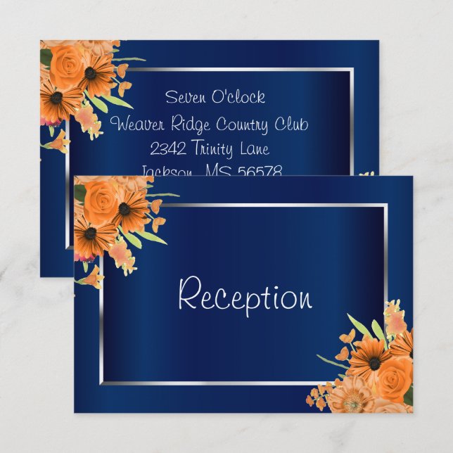 Reception - Pretty Orange Flowers on Navy Blue Invitation (Front/Back)