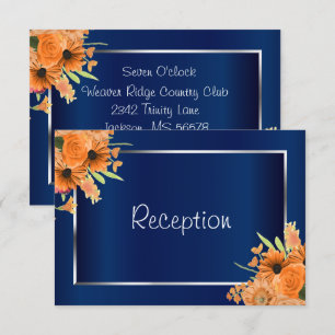 Reception - Pretty Orange Flowers on Navy Blue Invitation