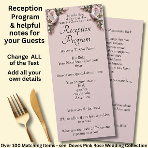 Reception Program - Pink Roses & Doves Wedding Menu