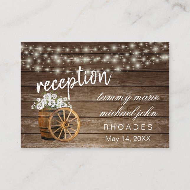 Reception - Rustic Wood Barrel with White Flowers Enclosure Card (Front)