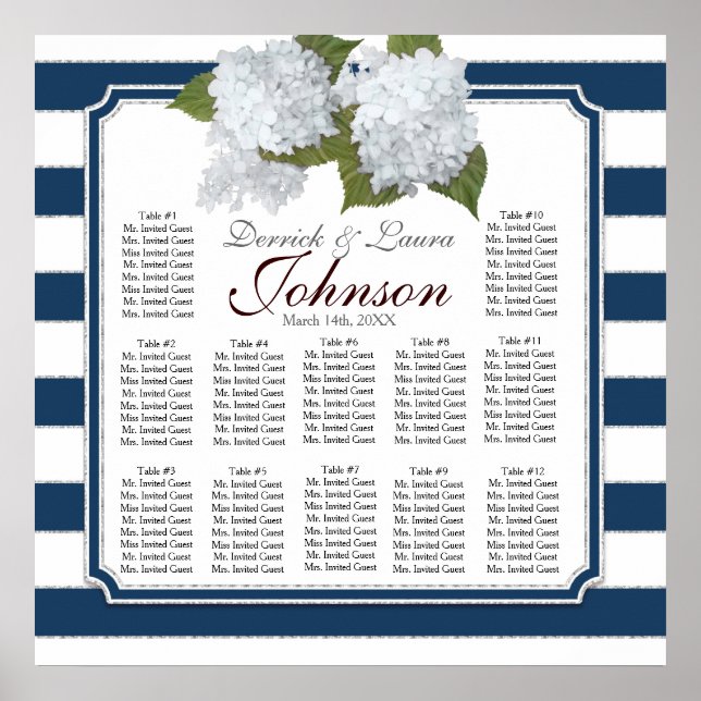 Reception Seating Chart Navy White Hydrangeas (Front)
