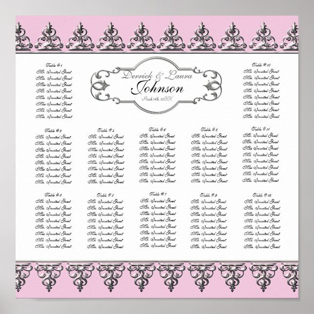 Reception Table Seating Chart Baroque Swirl Silver (Front)