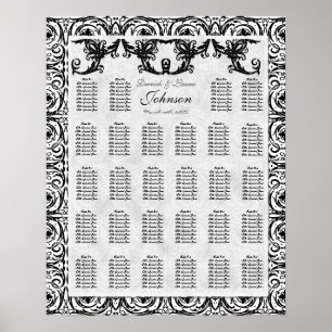 Reception Table Seating Chart, Black White Damask Poster