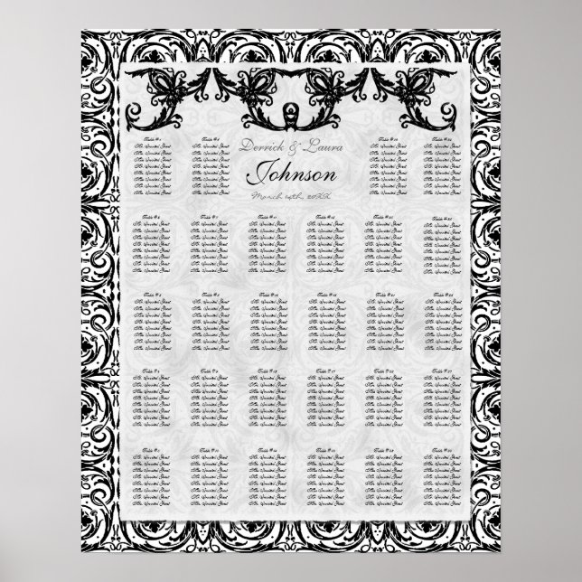 Reception Table Seating Chart, Black White Damask Poster (Front)