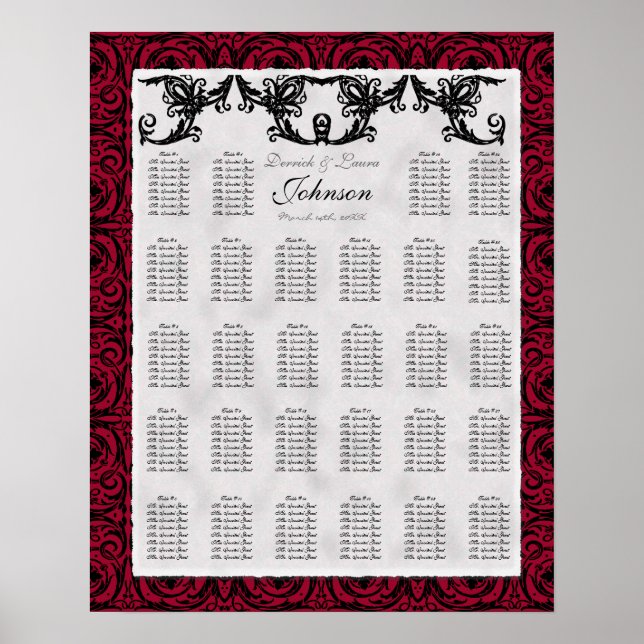 Reception Table Seating Chart, Black White Damask Poster (Front)