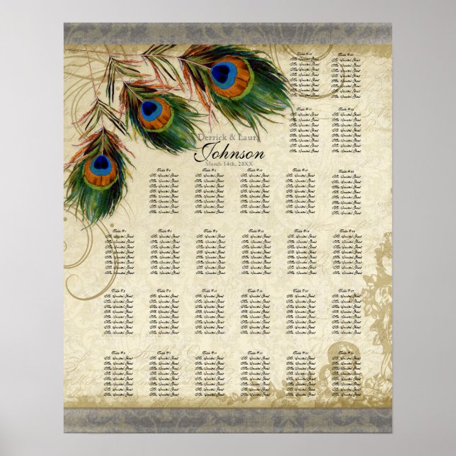 Reception Table Seating Chart, Peacock & Feathers Poster (Front)