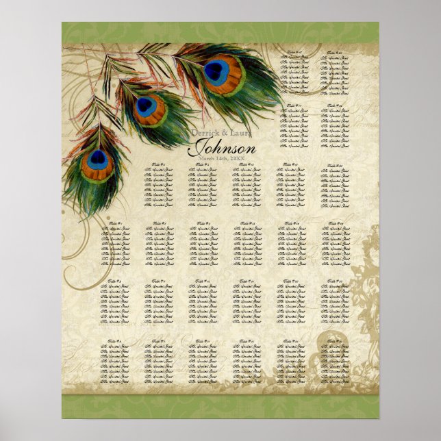 Reception Table Seating Chart, Peacock & Feathers Poster (Front)