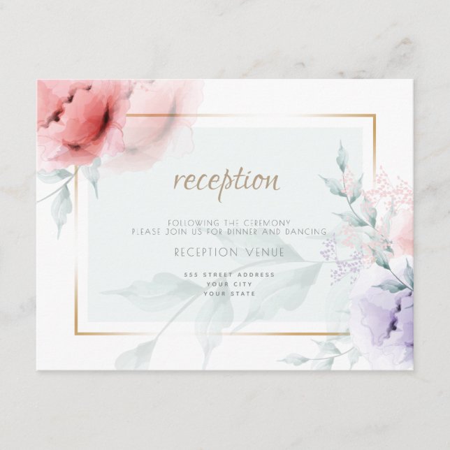 RECEPTION | Trendy Coral & Lilac Aquarelle Peonies Enclosure Card (Front)