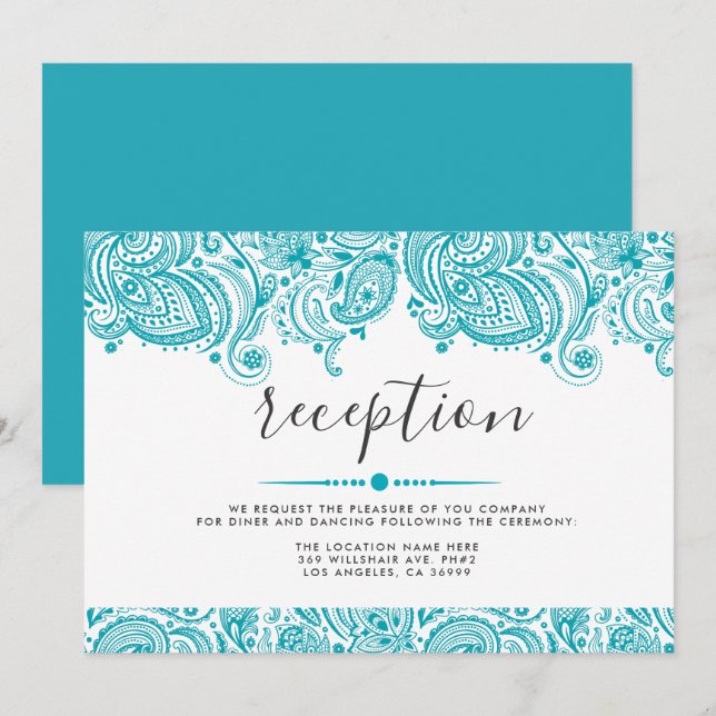 "Reception" Turquoise Paisley Lace Invitation (Front/Back)