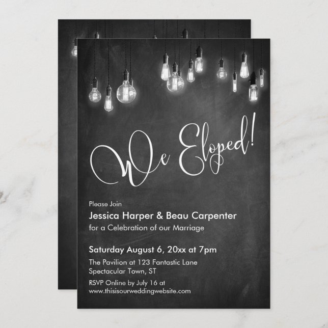 Reception Typography, Edison Lights, Chalkboard Invitation (Front/Back)