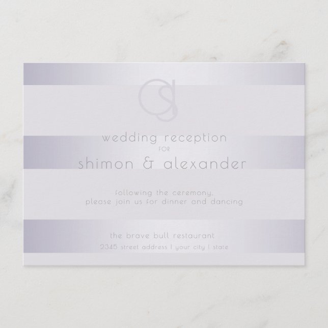 Reception | Violet Silver Shimmer Stripe Monogram2 Enclosure Card (Front)
