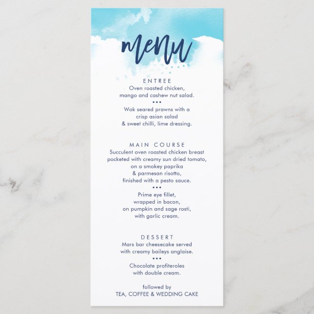 RECEPTION WEDDING MENU stylish aqua watercolor (Front)