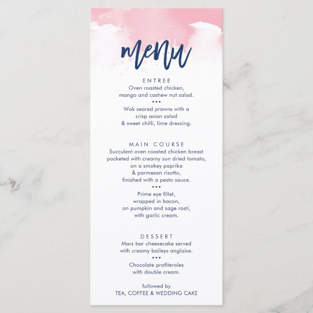RECEPTION WEDDING MENU stylish pink watercolor (Front)
